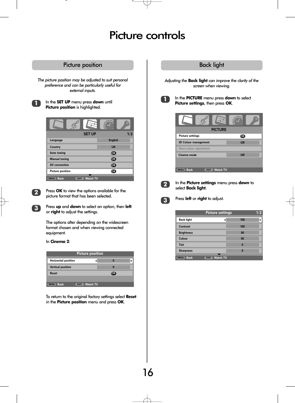 Picture controls, Picture position, Back light | Toshiba WL66 User Manual | Page 16 / 28
