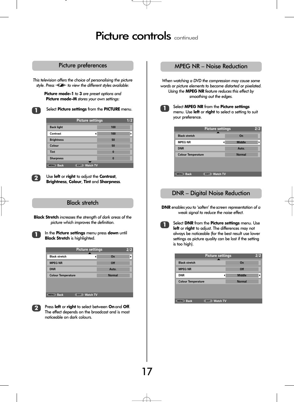 Picture controls, Dnr – digital noise reduction, Mpeg nr – noise reduction | Black stretch, Picture preferences 2, Continued | Toshiba WL66 User Manual | Page 17 / 28