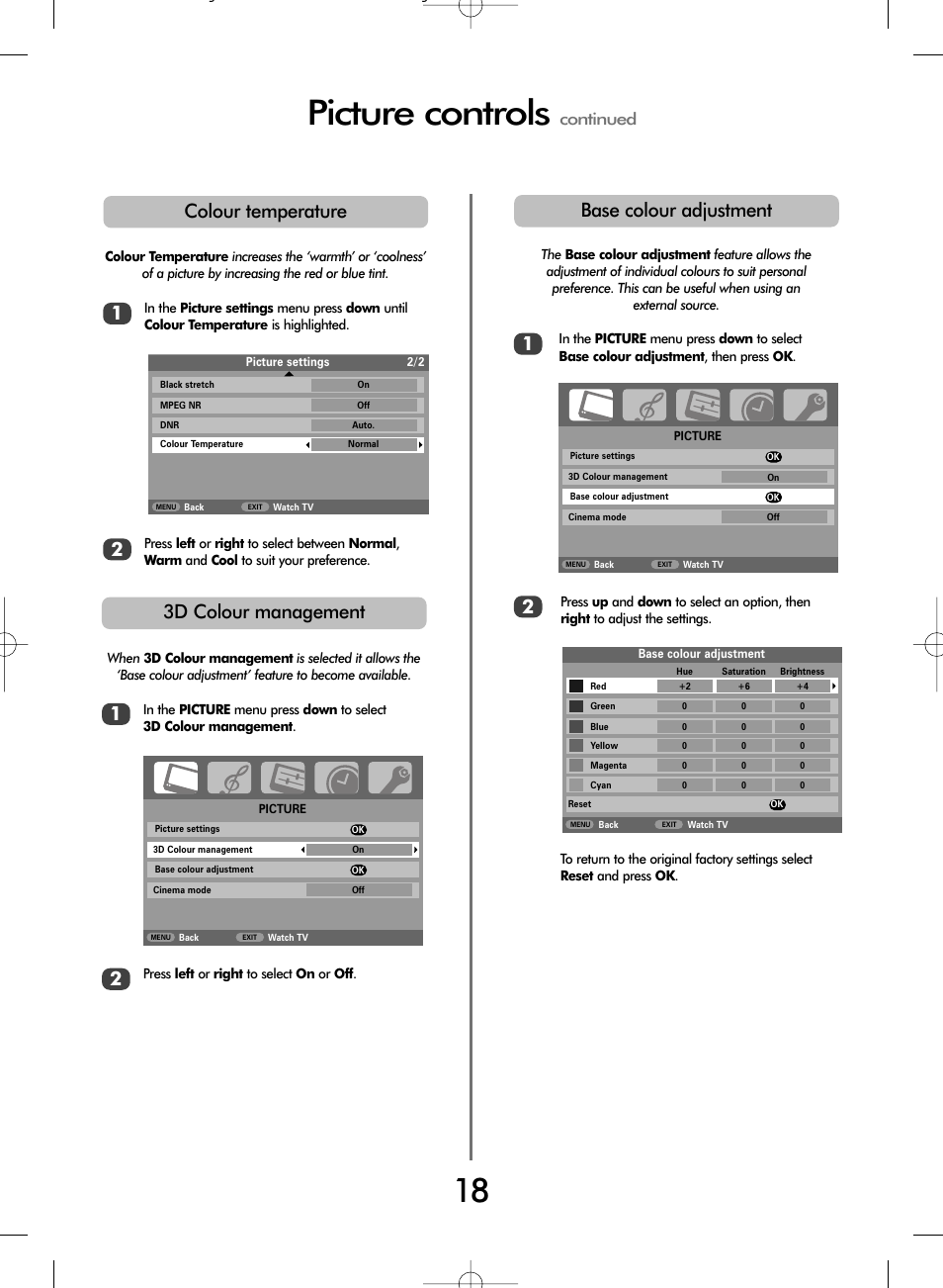 Picture controls, Colour temperature, Base colour adjustment | 3d colour management, Continued | Toshiba WL66 User Manual | Page 18 / 28