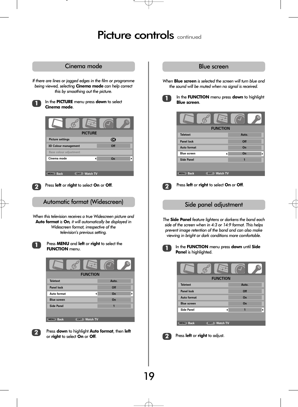 Picture controls, Automatic format (widescreen), Blue screen | 12 side panel adjustment, Cinema mode, Continued | Toshiba WL66 User Manual | Page 19 / 28