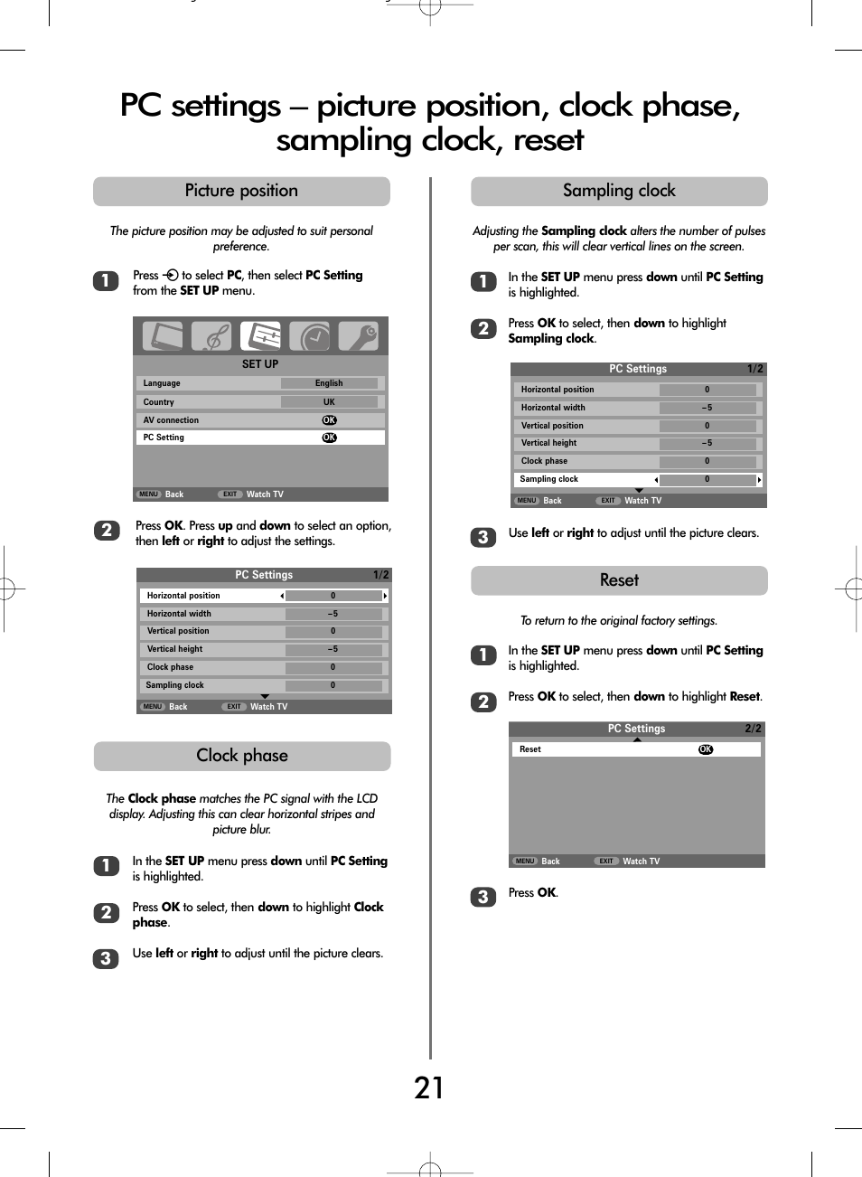 Clock phase, Sampling clock picture position, Reset | Toshiba WL66 User Manual | Page 21 / 28