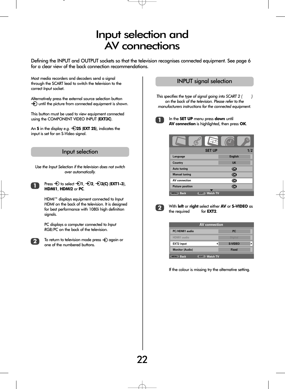 Input selection and av connections, Input selection 1 2, Input signal selection 1 2 | Toshiba WL66 User Manual | Page 22 / 28