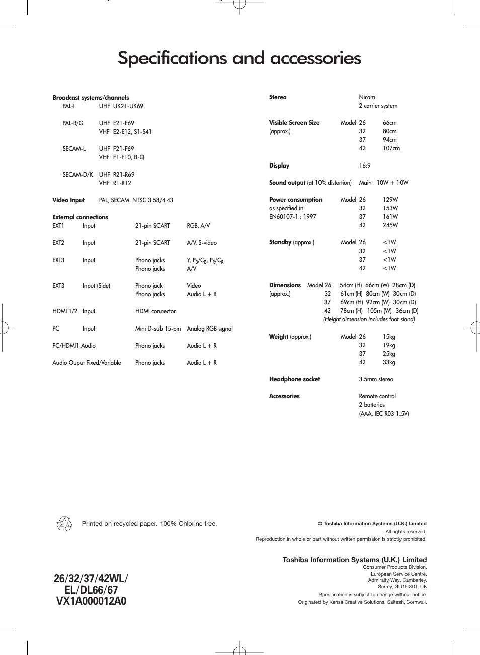 Specifications and accessories | Toshiba WL66 User Manual | Page 28 / 28