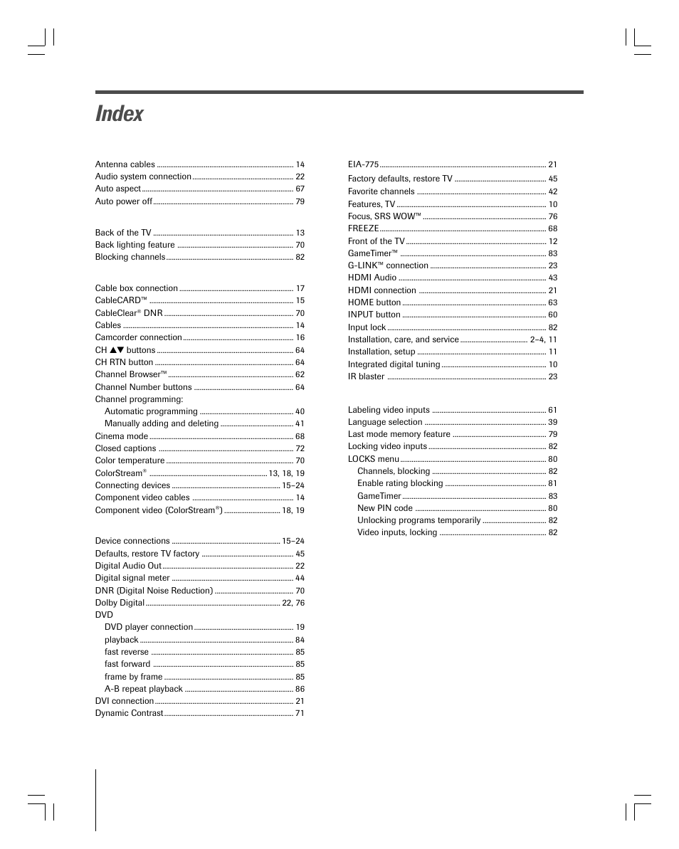 Index | Toshiba 27HLV95 User Manual | Page 100 / 102