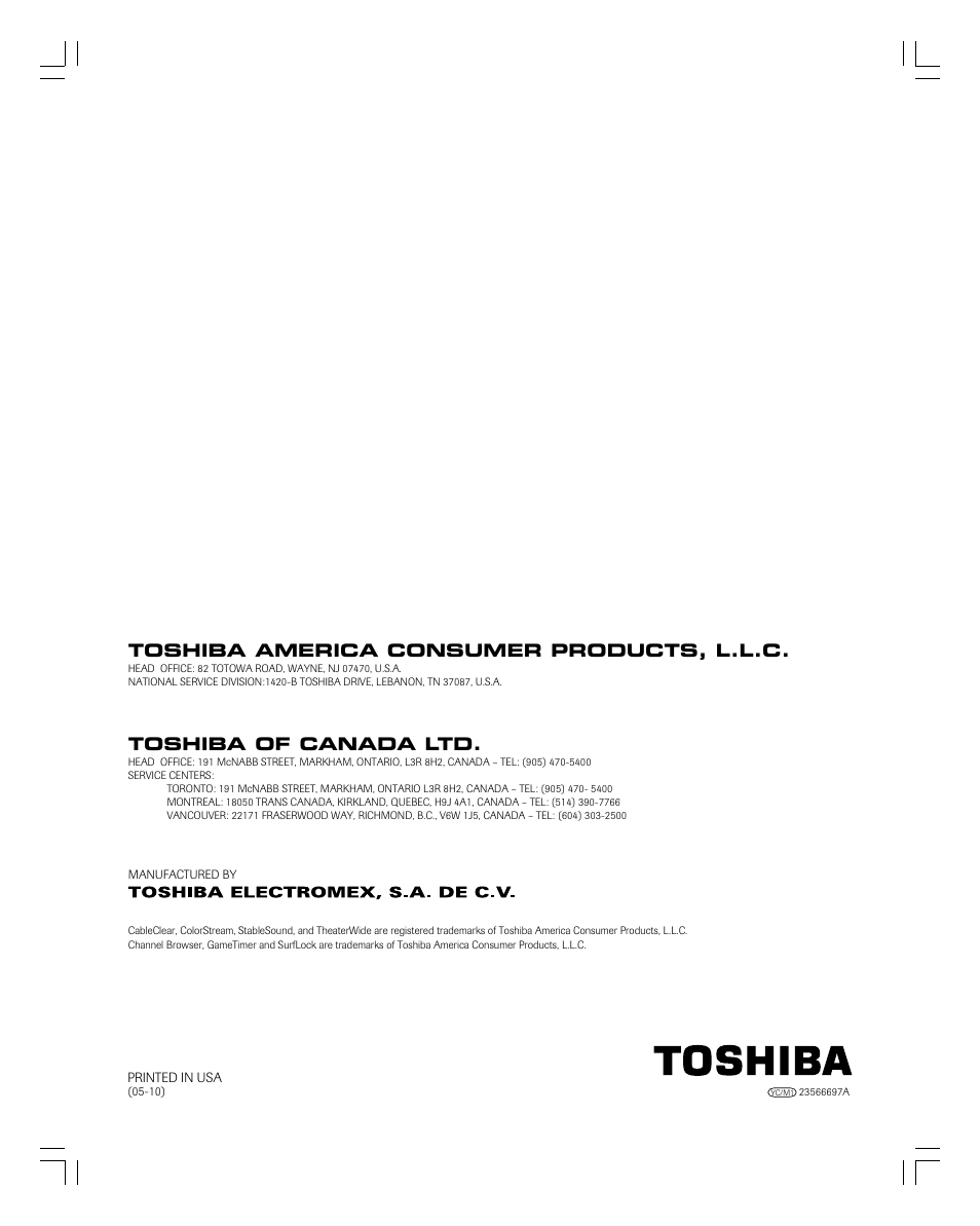 Toshiba america consumer products, l.l.c, Toshiba of canada ltd | Toshiba 27HLV95 User Manual | Page 102 / 102