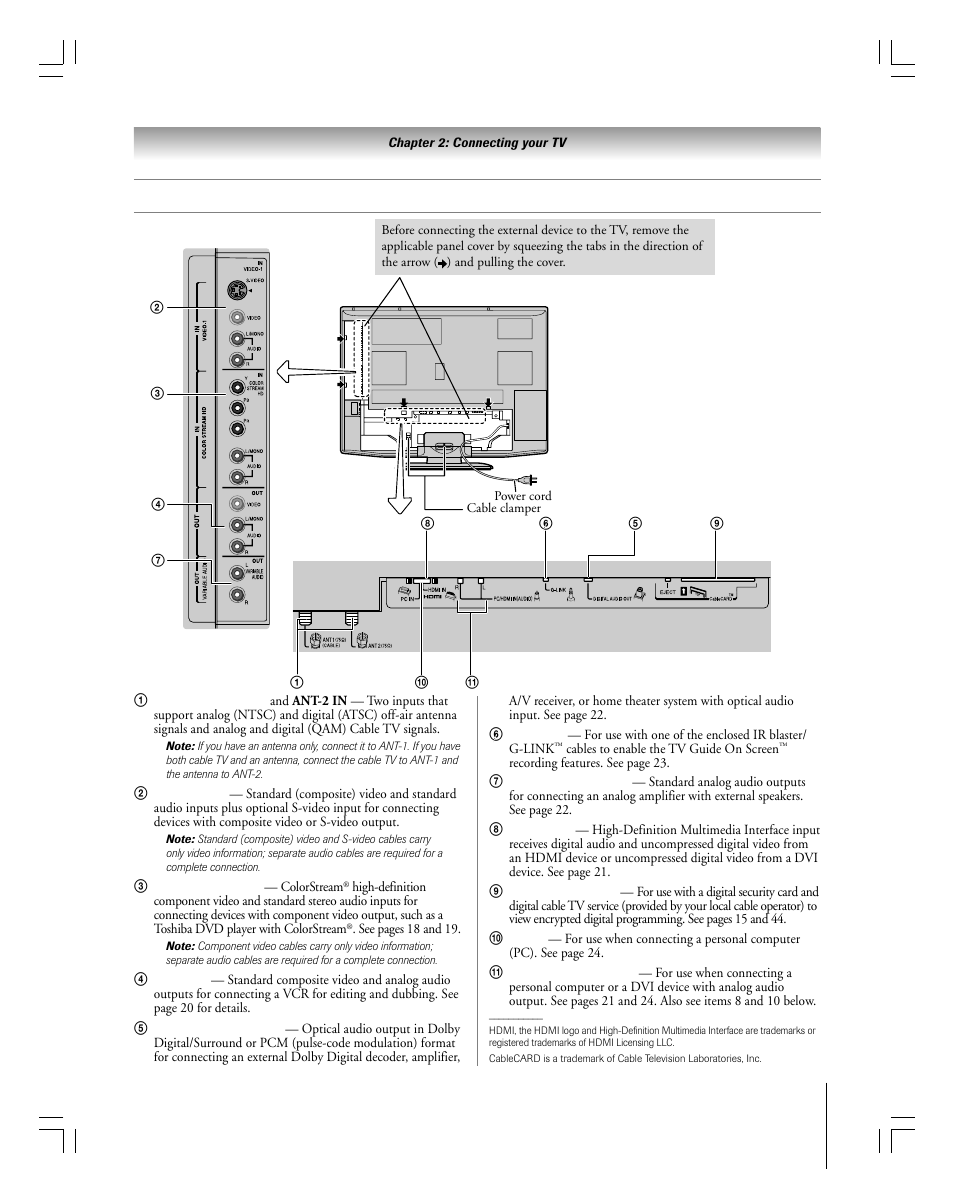 Tv back panel connections | Toshiba 27HLV95 User Manual | Page 13 / 102