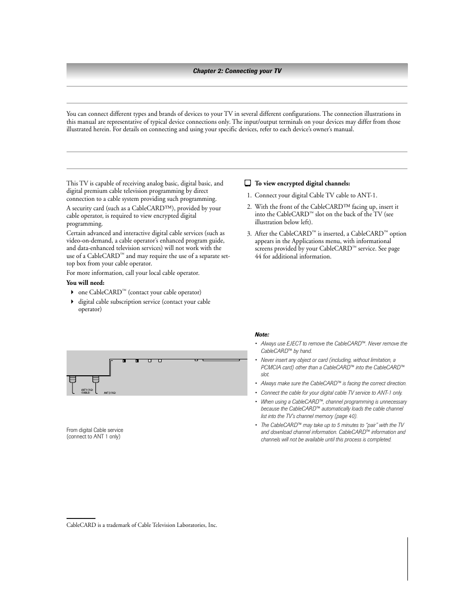 About the connection illustrations, Connecting a cablecard | Toshiba 27HLV95 User Manual | Page 15 / 102