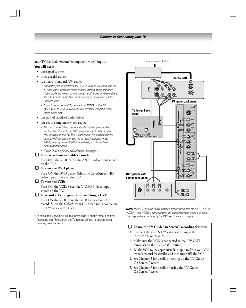 Connecting a dvd player with colorstream, Component video) and a vcr | Toshiba 27HLV95 User Manual | Page 19 / 102