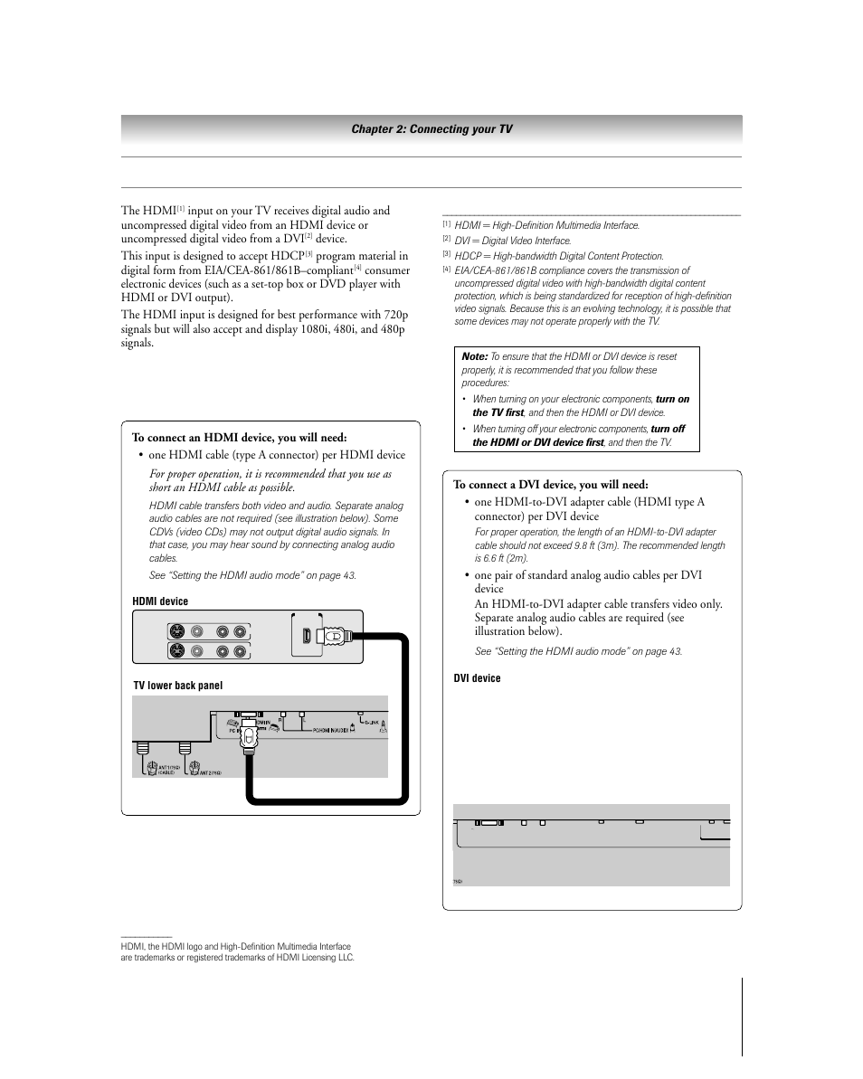 Connecting an hdmi, Or a dvi device to the hdmi input | Toshiba 27HLV95 User Manual | Page 21 / 102