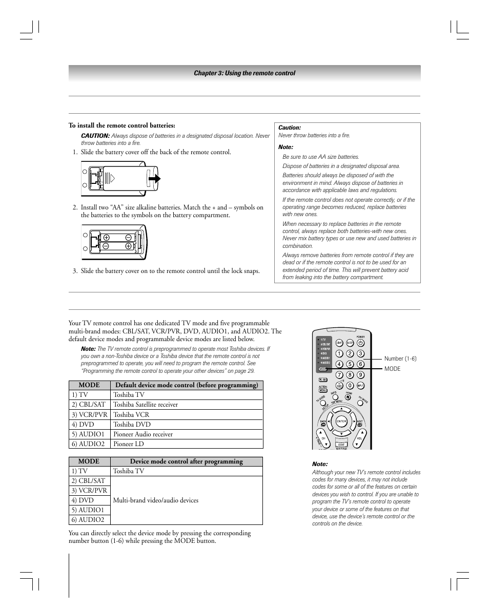 Installing the remote control batteries | Toshiba 27HLV95 User Manual | Page 26 / 102