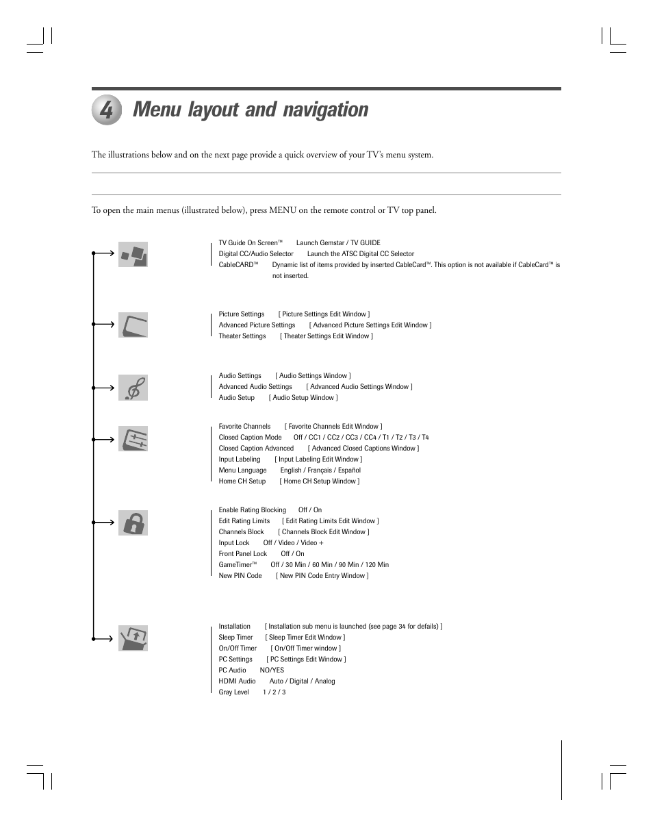 Menu layout and navigation, Main menu layout | Toshiba 27HLV95 User Manual | Page 33 / 102