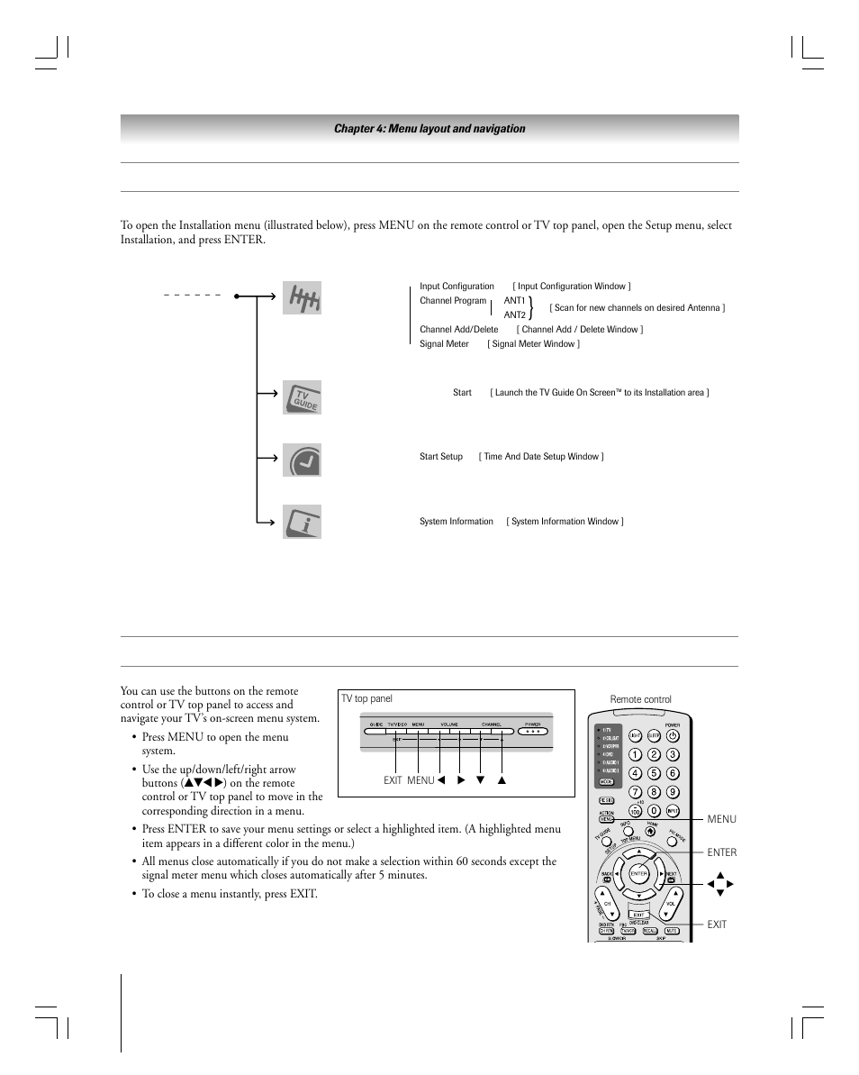 Navigating the menu system, Setup / installation menu layout | Toshiba 27HLV95 User Manual | Page 34 / 102