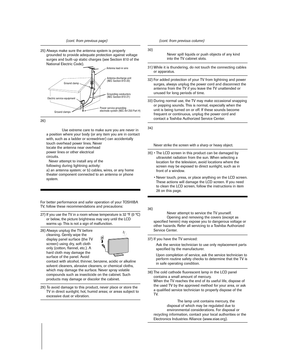 Care, Service, Installation | Toshiba 27HLV95 User Manual | Page 4 / 102