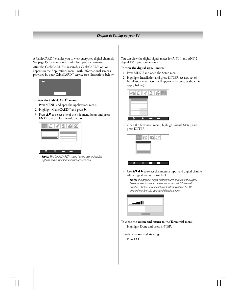 Viewing the digital signal meter, Viewing the cablecard™ menu, A cablecard | Is inserted, a cablecard, Service (see illustrations below), Chapter 6: setting up your tv | Toshiba 27HLV95 User Manual | Page 44 / 102