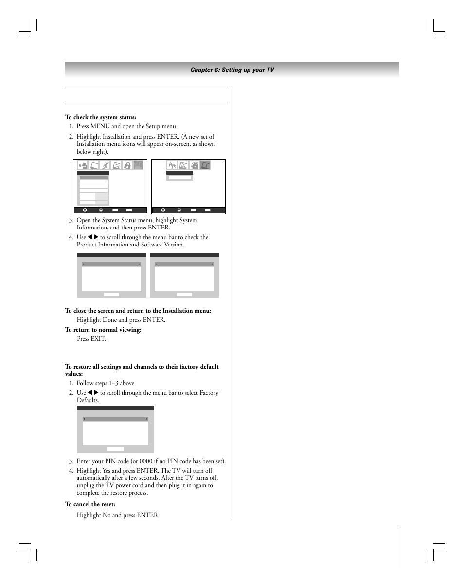 Viewing the system status, Restore factory defaults | Toshiba 27HLV95 User Manual | Page 45 / 102