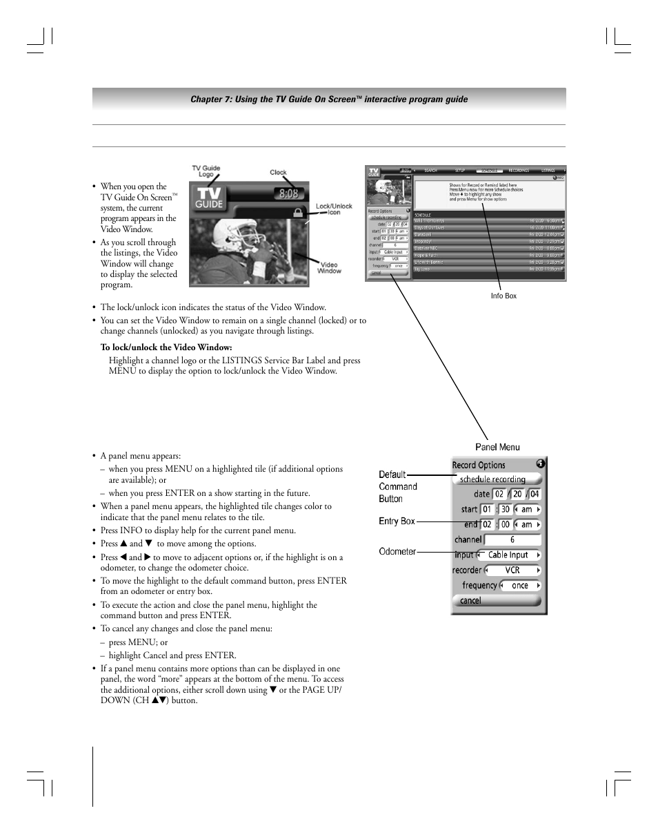 Navigating the tv guide on screen™ system, Panel menus, Video window | Toshiba 27HLV95 User Manual | Page 48 / 102