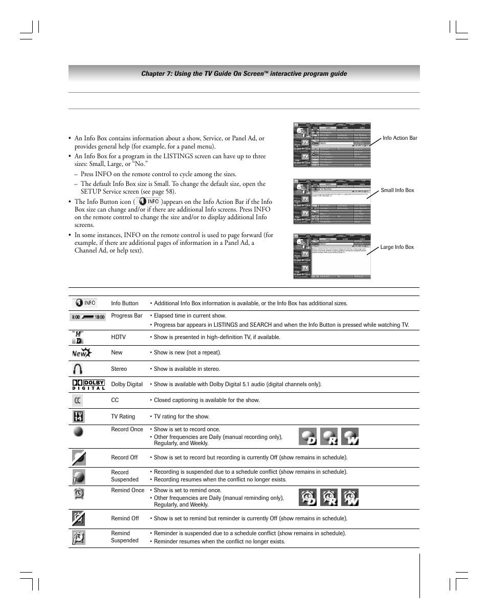 Navigating the tv guide on screen™ system, Tv guide on screen™ icons, Info box | Toshiba 27HLV95 User Manual | Page 49 / 102