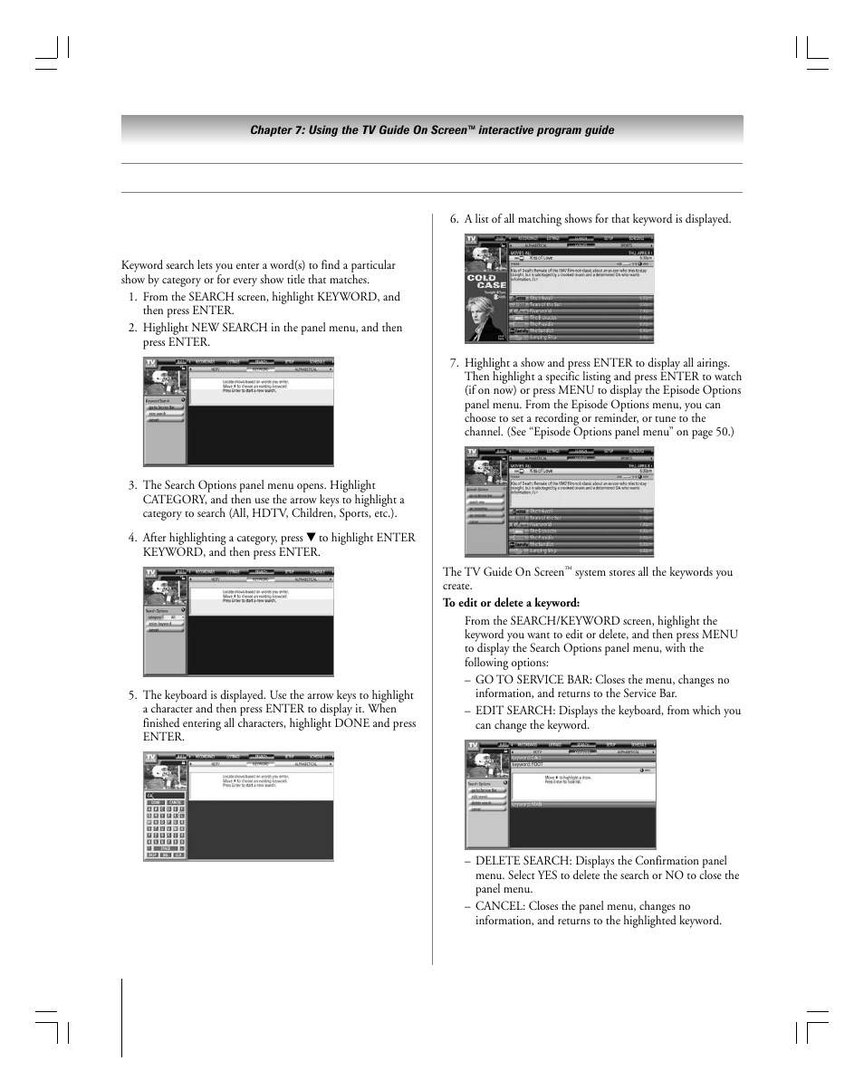 Tv guide on screen™ services, Search screen | Toshiba 27HLV95 User Manual | Page 52 / 102