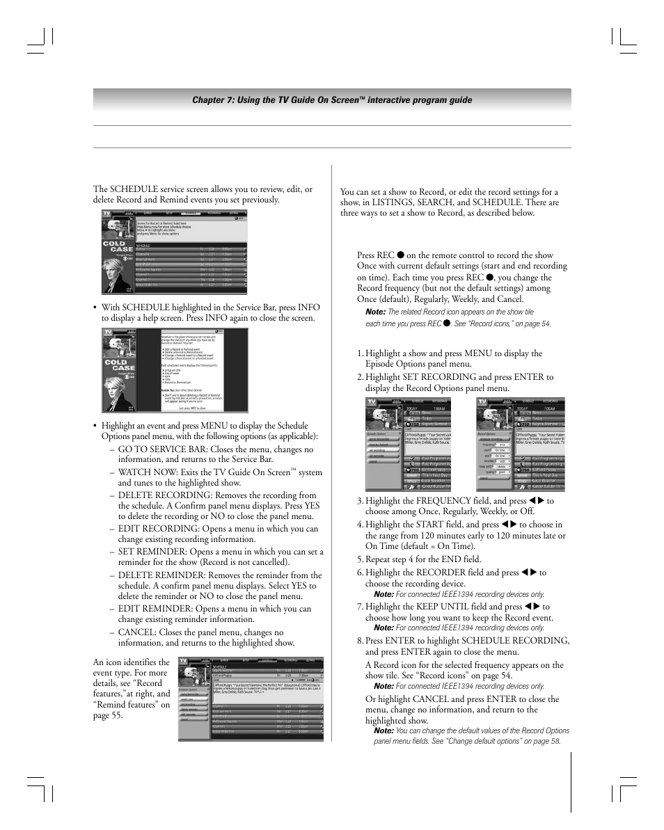 Tv guide on screen™ services, Schedule screen, Record features | Toshiba 27HLV95 User Manual | Page 53 / 102