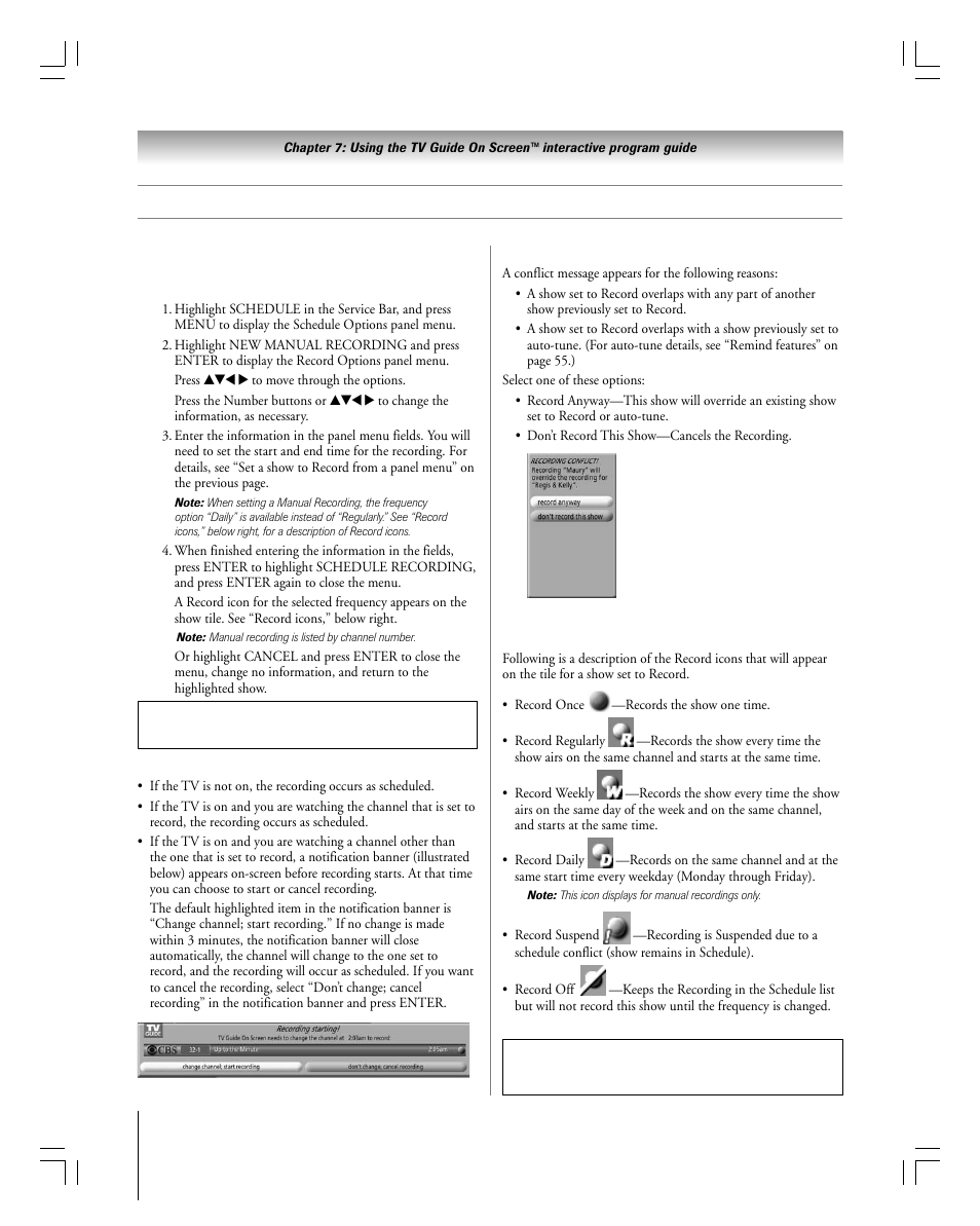 Tv guide on screen™ services, Record features | Toshiba 27HLV95 User Manual | Page 54 / 102