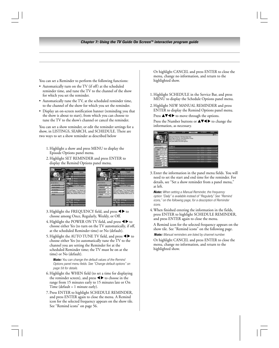 Tv guide on screen™ services, Remind features | Toshiba 27HLV95 User Manual | Page 55 / 102