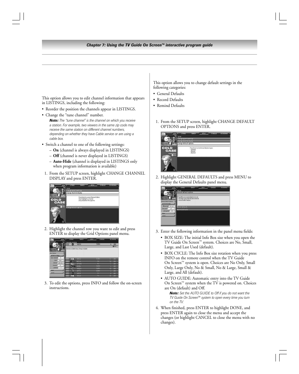 Tv guide on screen™ services, Setup screen, Change default options | Change channel display | Toshiba 27HLV95 User Manual | Page 58 / 102