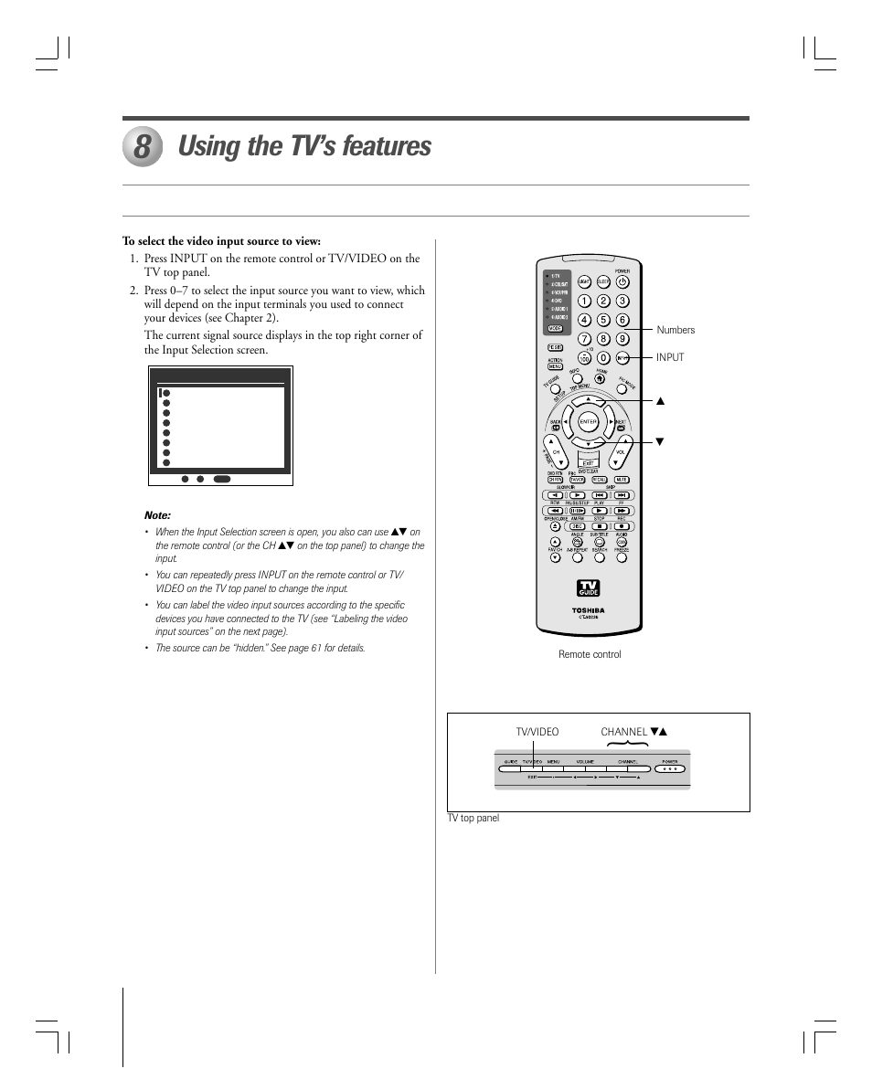 Using the tv’s features, Selecting the video input source to view | Toshiba 27HLV95 User Manual | Page 60 / 102