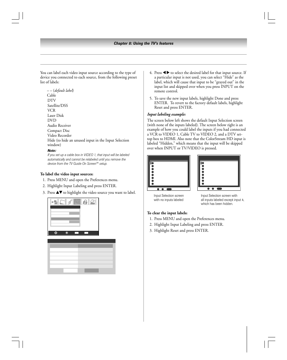 Labeling the video input sources | Toshiba 27HLV95 User Manual | Page 61 / 102