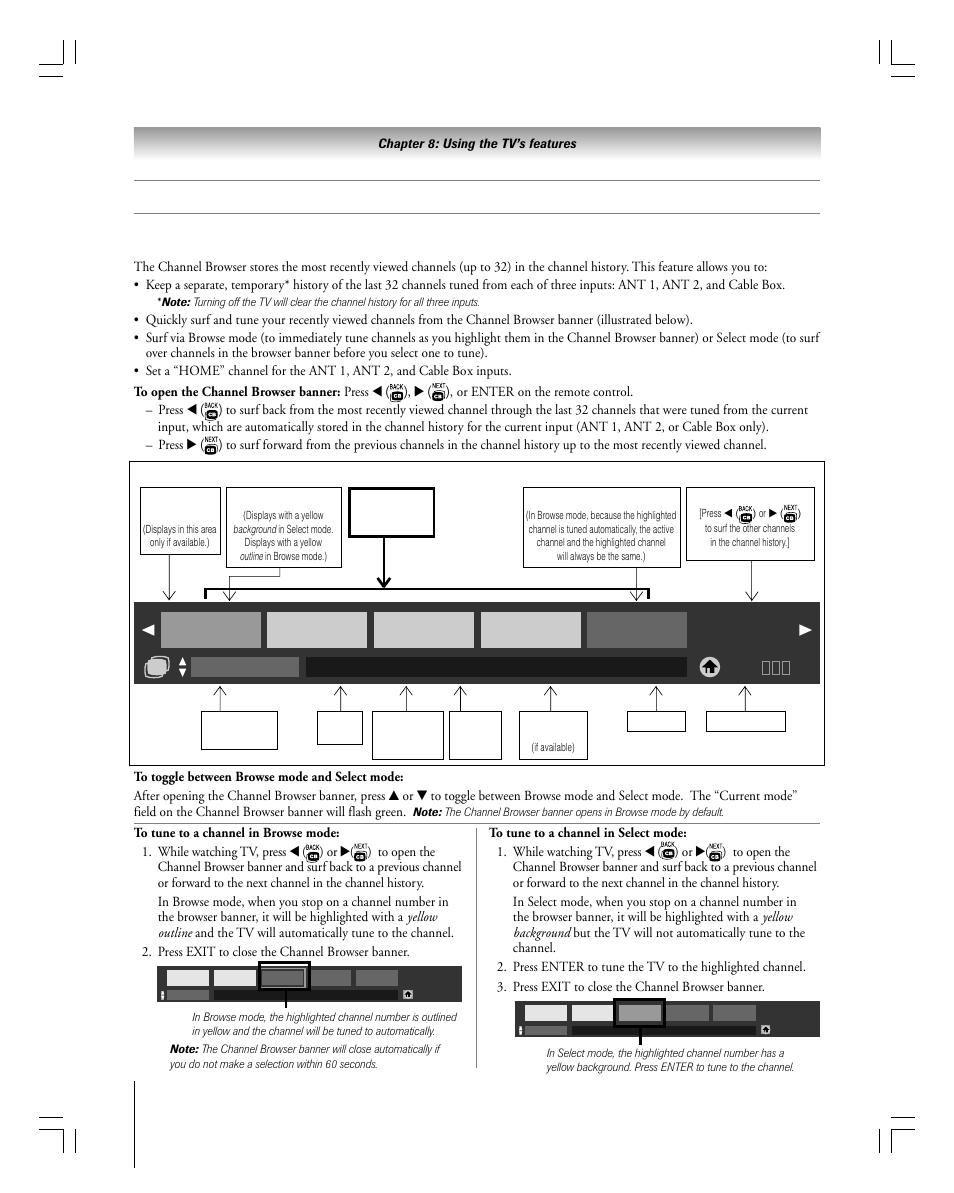 Tuning channels, Using the channel browser, Abcd-dtv | Toshiba 27HLV95 User Manual | Page 62 / 102