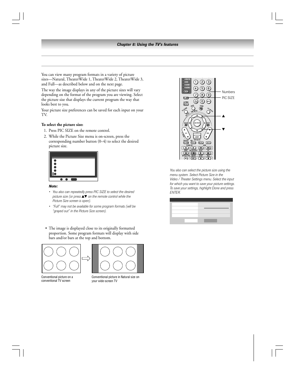 Selecting the picture size, Natural picture size | Toshiba 27HLV95 User Manual | Page 65 / 102