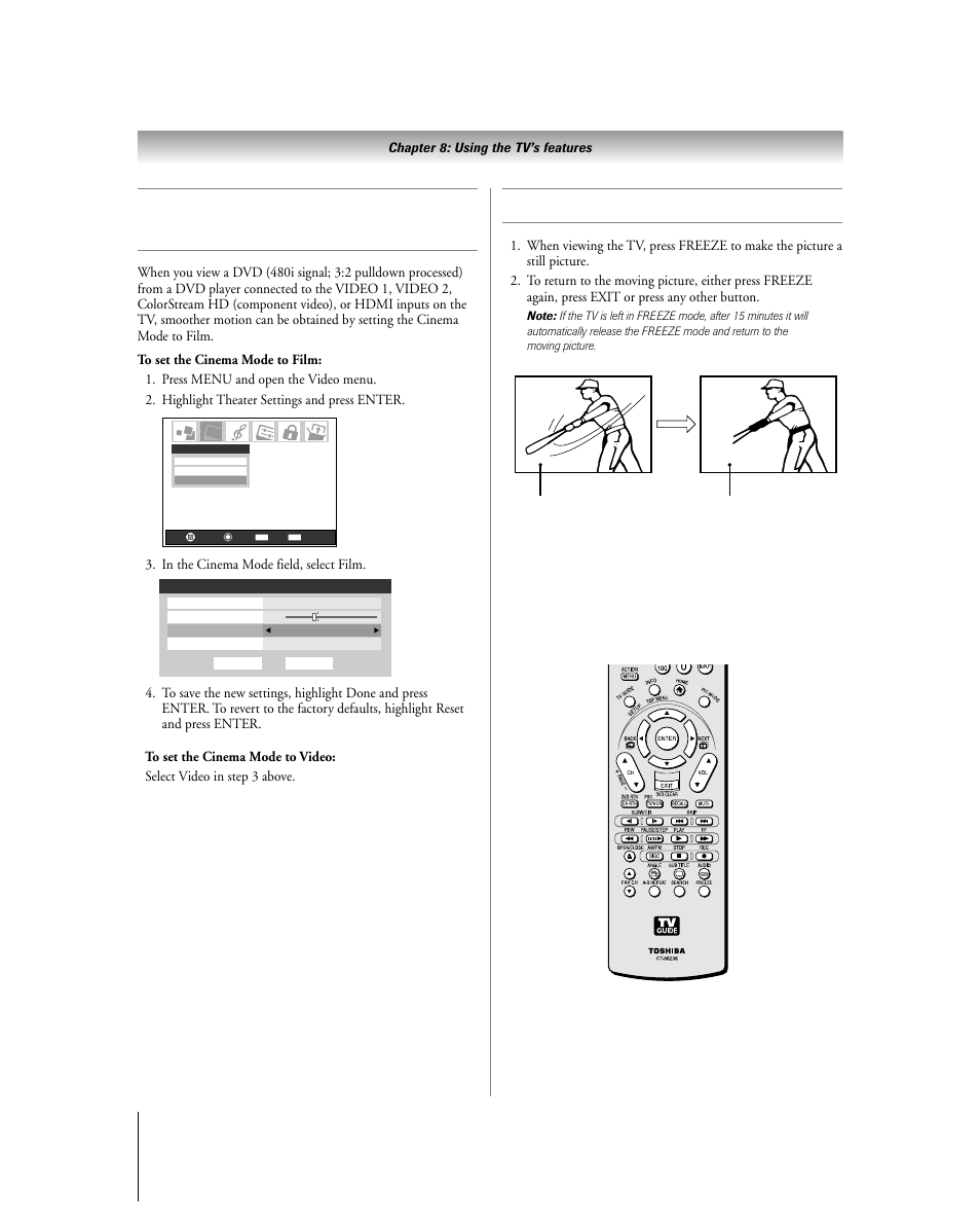 Selecting the cinema mode (480i signals only), Using the freeze feature | Toshiba 27HLV95 User Manual | Page 68 / 102