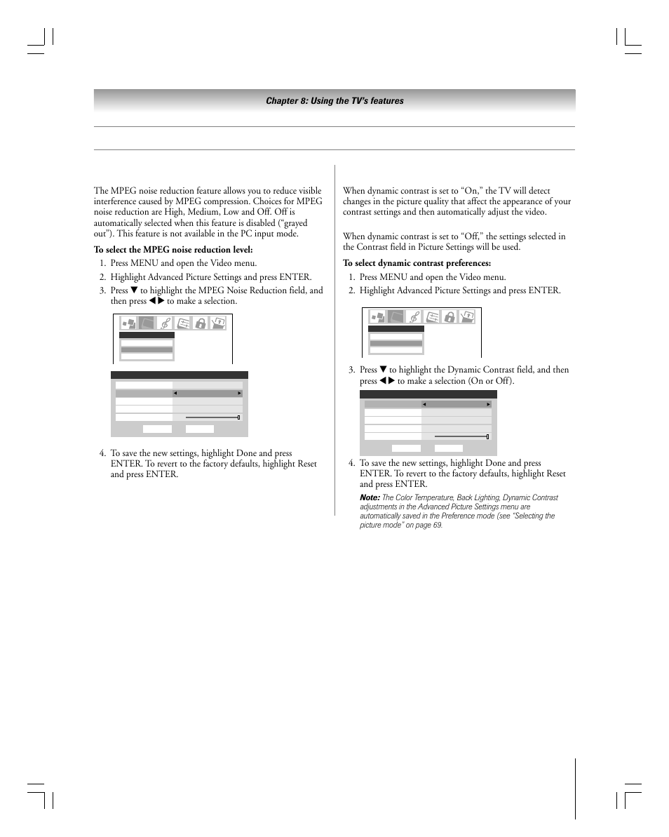 Adjusting the picture, Using dynamic contrast, Using mpeg noise reduction | Continued), Chapter 8: using the tv’s features | Toshiba 27HLV95 User Manual | Page 71 / 102