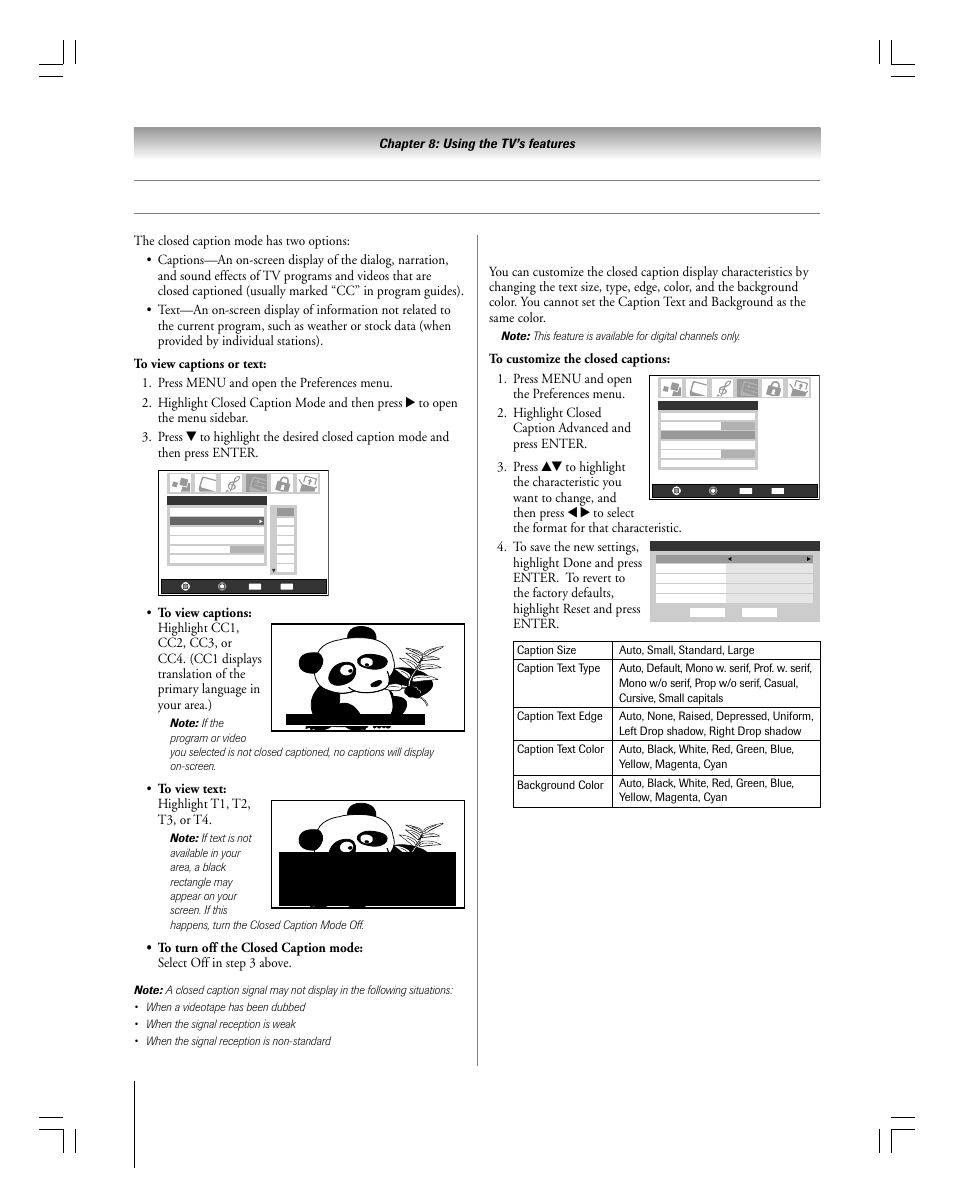 Using the closed caption mode, Advanced closed captions, Chapter 8: using the tv’s features | Toshiba 27HLV95 User Manual | Page 72 / 102