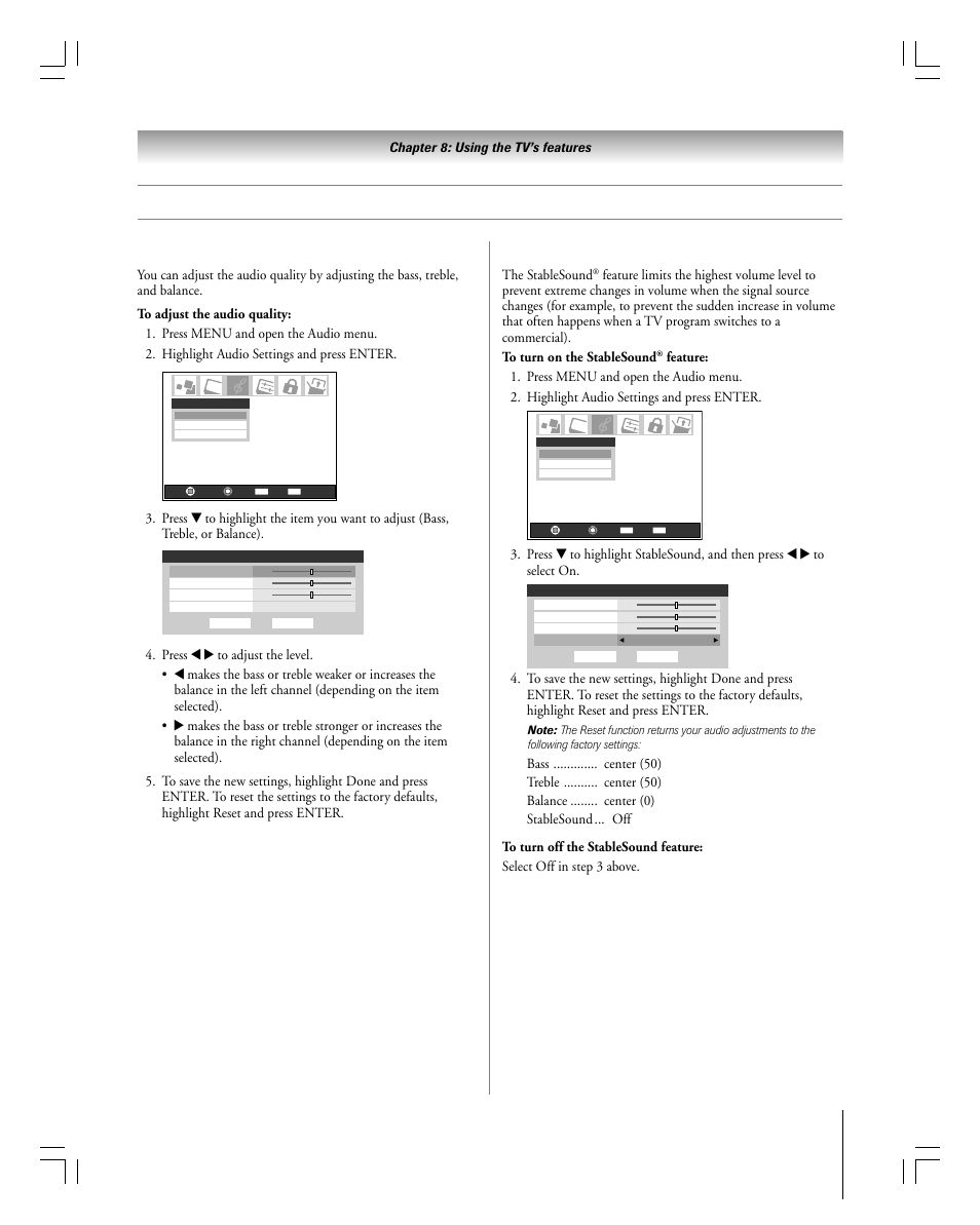 Adjusting the audio, Using the stablesound, Feature | Adjusting the audio quality, Continued), Chapter 8: using the tv’s features, The stablesound | Toshiba 27HLV95 User Manual | Page 75 / 102
