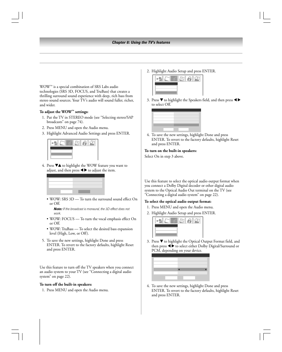 Adjusting the audio, Using the srs wow™ surround sound feature, Turning off the built-in speakers | Selecting the optical audio output format, Continued), Chapter 8: using the tv’s features | Toshiba 27HLV95 User Manual | Page 76 / 102
