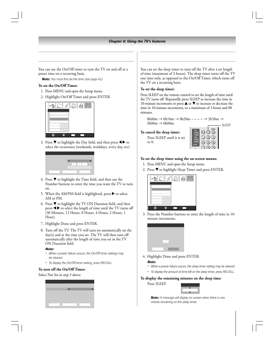 Setting the sleep timer, Setting the on/off timer, Highlight done and press enter | Chapter 8: using the tv’s features | Toshiba 27HLV95 User Manual | Page 77 / 102