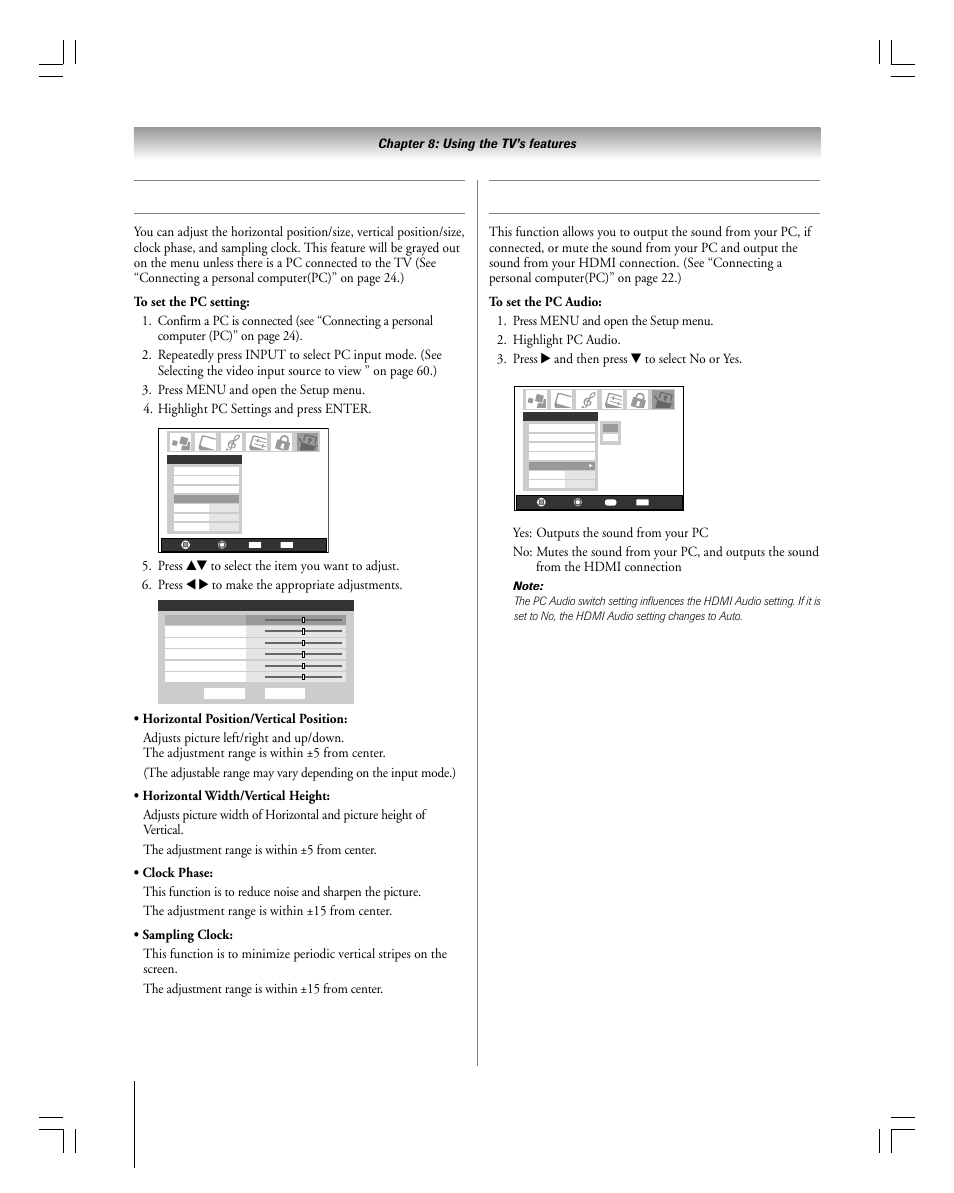 Using the pc setting feature, Pc audio | Toshiba 27HLV95 User Manual | Page 78 / 102
