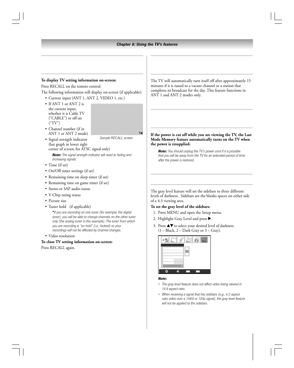 Understanding the auto power off feature, Using the gray level feature | Toshiba 27HLV95 User Manual | Page 79 / 102