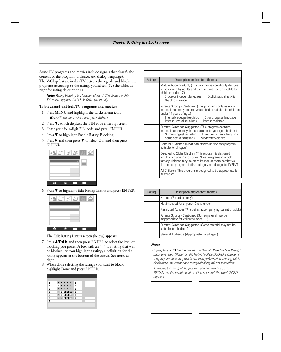 Blocking tv programs and movies by rating (v-chip), Independent rating system for broadcasters, Independent rating system for movies | Toshiba 27HLV95 User Manual | Page 81 / 102