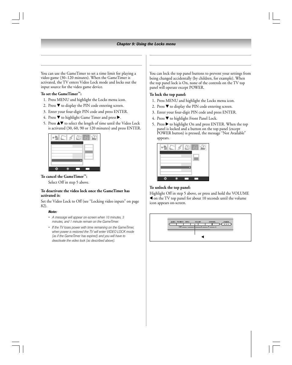 Using the gametimer, Using the panel lock feature | Toshiba 27HLV95 User Manual | Page 83 / 102