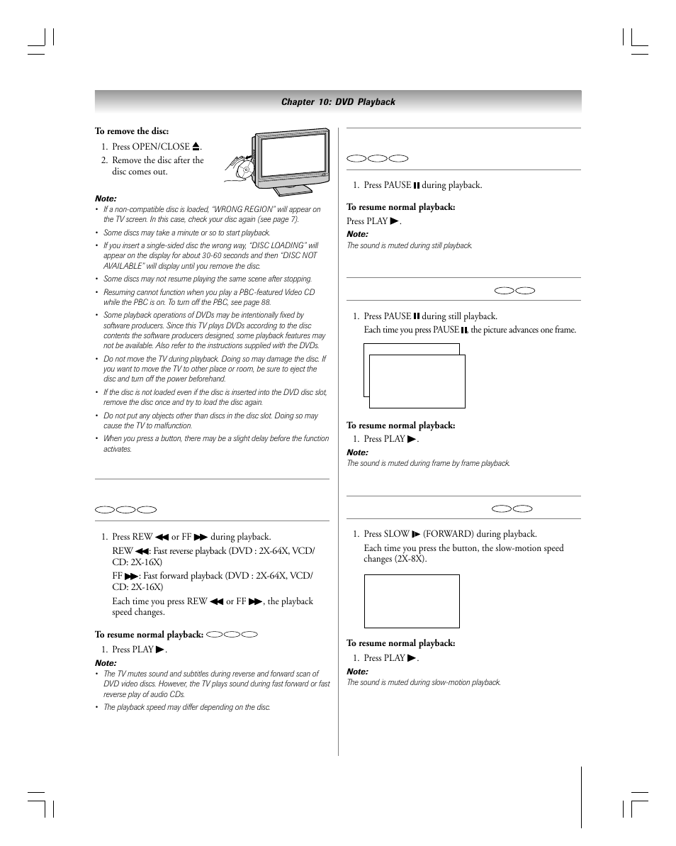 Playing frame by frame, Playing in slow motion, Playing in fast reverse or fast forward | Toshiba 27HLV95 User Manual | Page 85 / 102