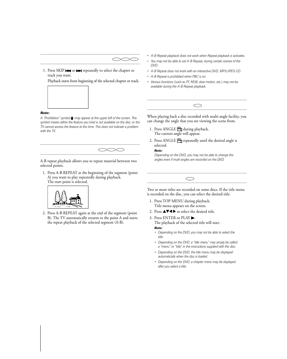 Changing angles, Title selection, Locating a chapter or track | A-b repeat playback | Toshiba 27HLV95 User Manual | Page 86 / 102