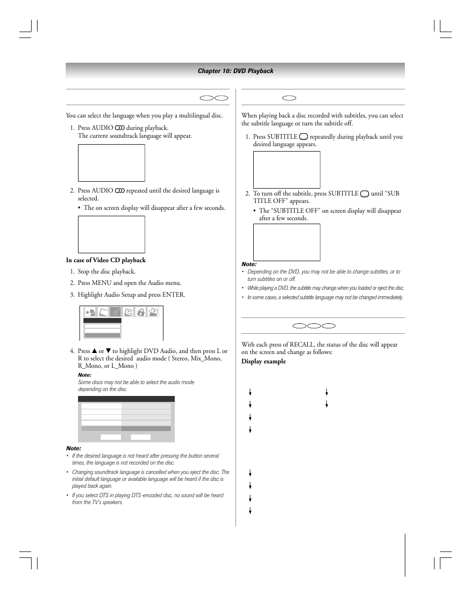 Changing soundtrack language, Subtitles, Disc status | Toshiba 27HLV95 User Manual | Page 87 / 102