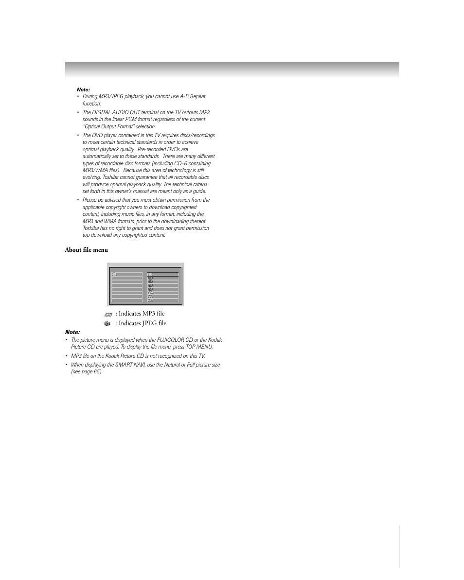 About file menu, Indicates mp3 file : indicates jpeg file | Toshiba 27HLV95 User Manual | Page 89 / 102