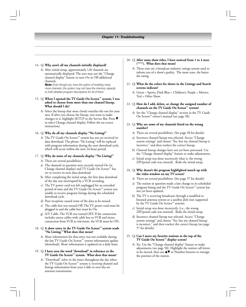 Tv guide on screen™ faqs | Toshiba 27HLV95 User Manual | Page 94 / 102