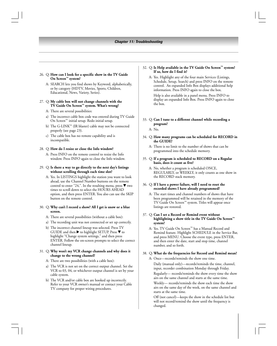 Tv guide on screen™ faqs | Toshiba 27HLV95 User Manual | Page 95 / 102