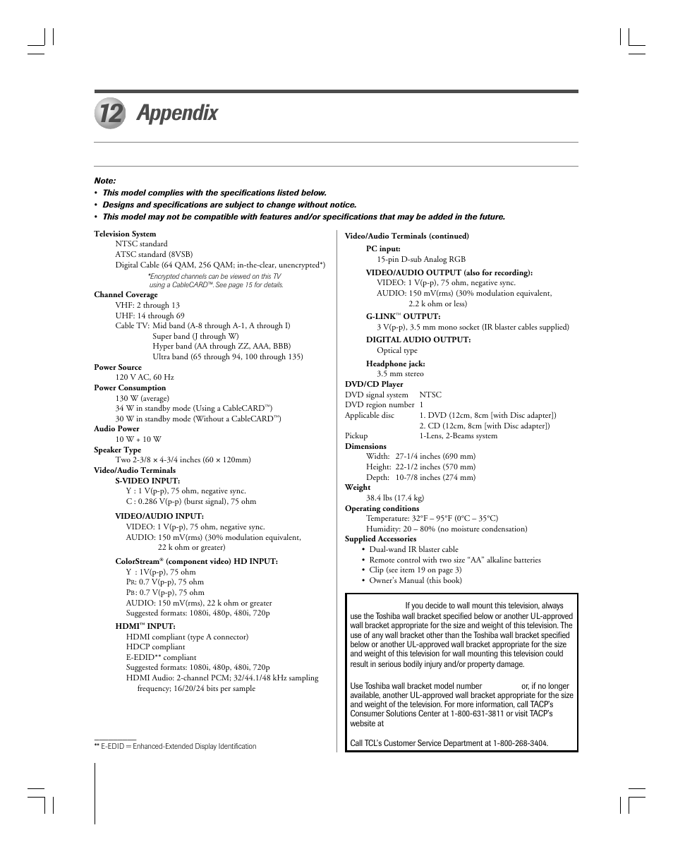 Appendix, Specifications, Warning | Toshiba 27HLV95 User Manual | Page 96 / 102
