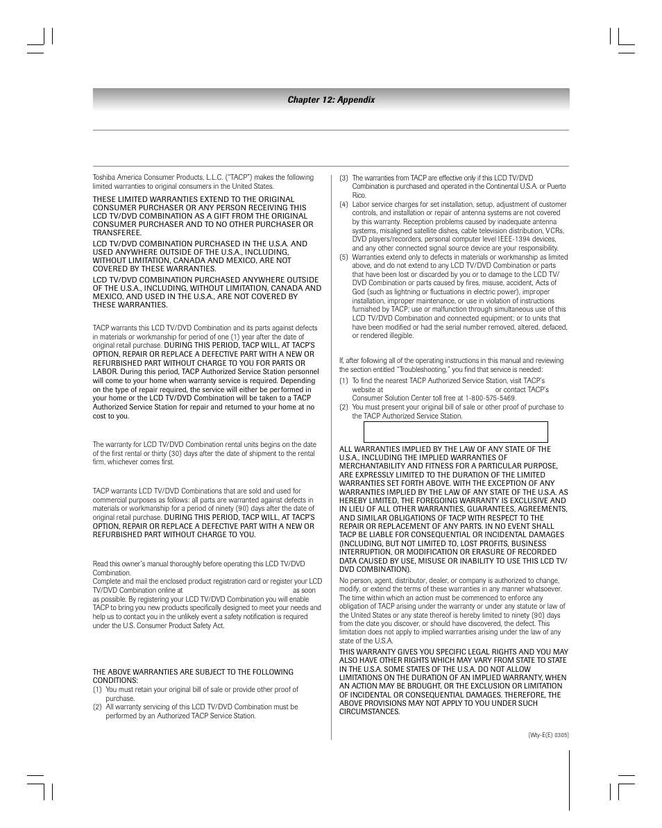 Limited united states warranty, For lcd tv/dvd combinations 26” and larger | Toshiba 27HLV95 User Manual | Page 97 / 102