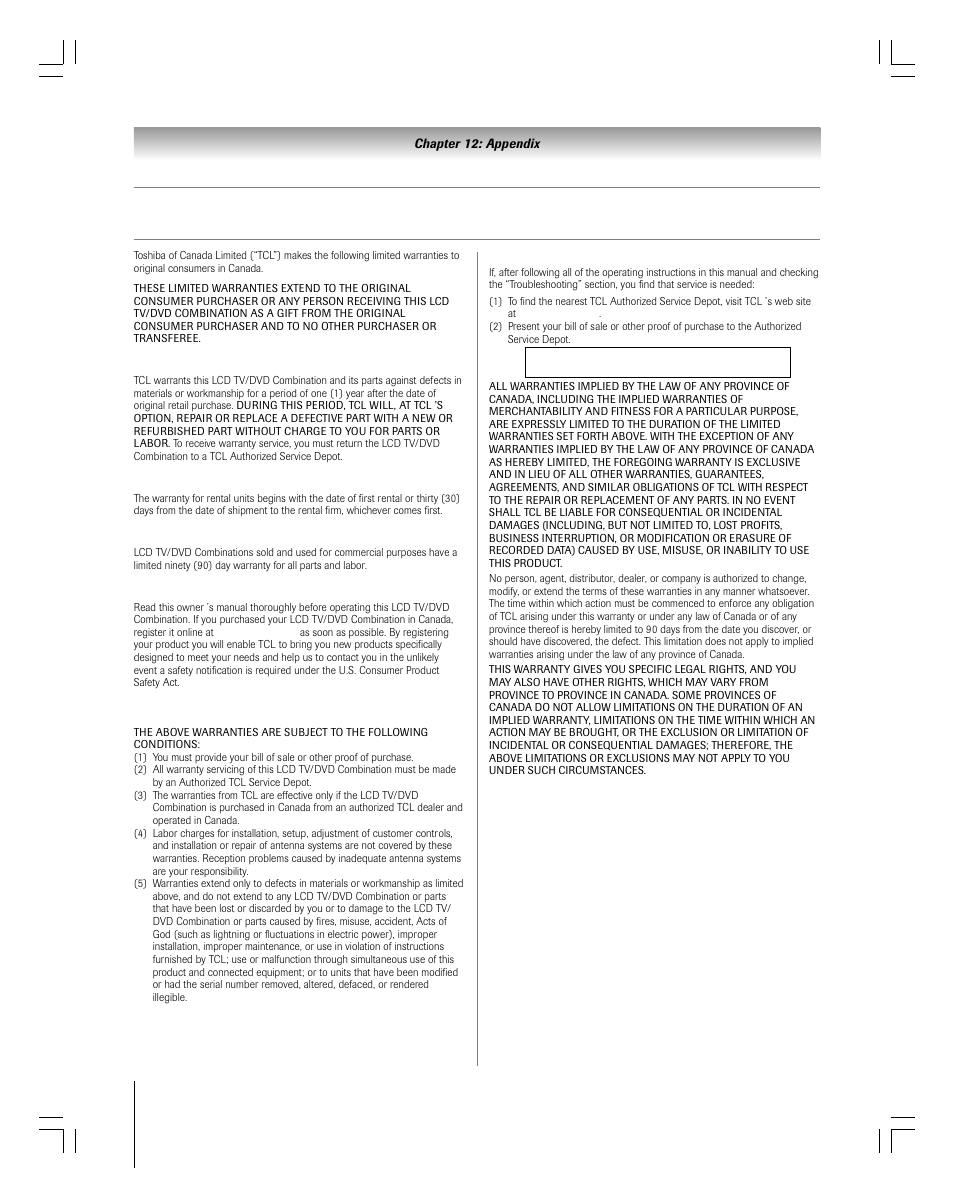 Limited canada warranty, For lcd tv/dvd combination | Toshiba 27HLV95 User Manual | Page 98 / 102