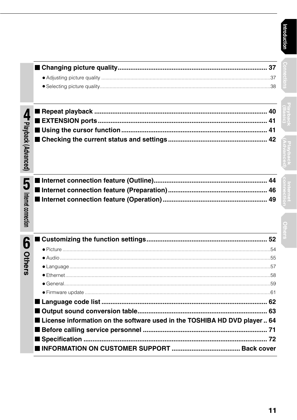 Playback (advanced), Internet connection, Others | Toshiba HD-XE1KY User Manual | Page 11 / 76